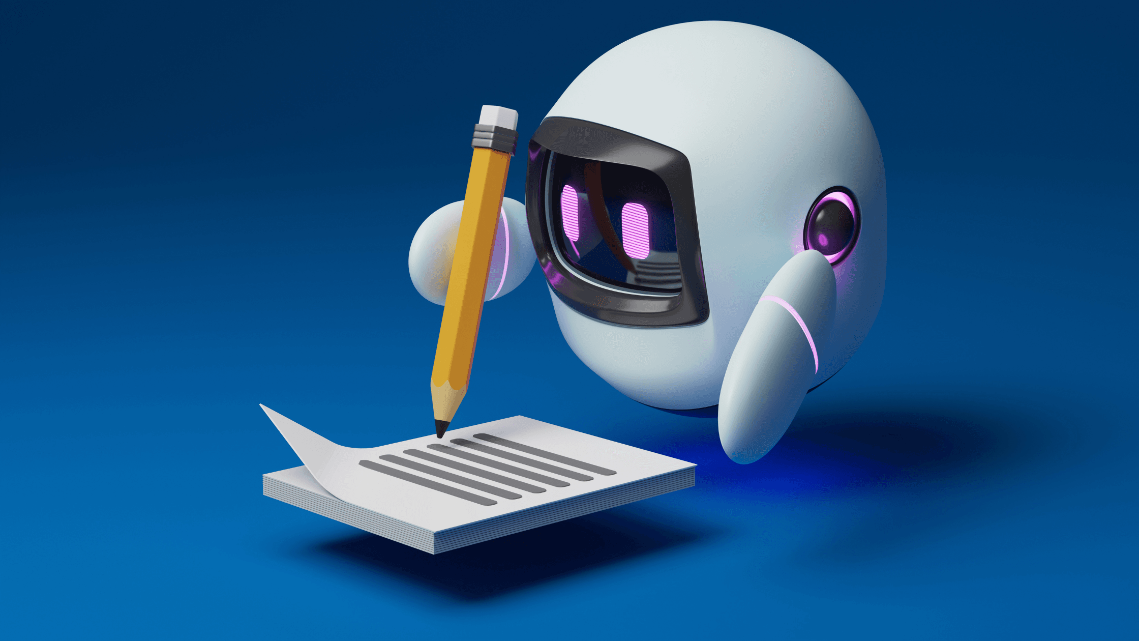 Un petit robot en 3D avec un crayon et un bloc note