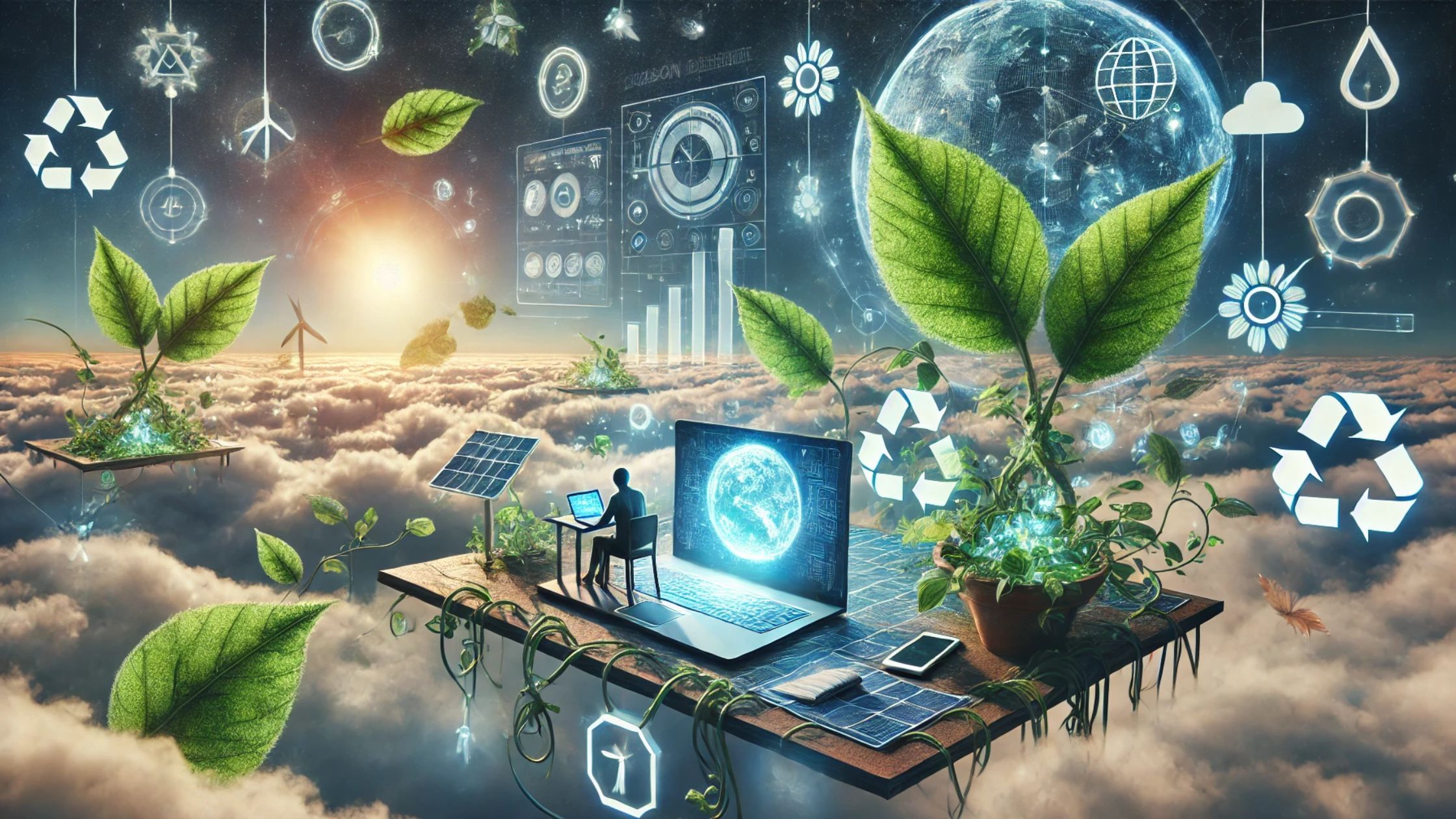Image d'intelligence articificielle représentatnt un bureau flotant avec de la verdure autour