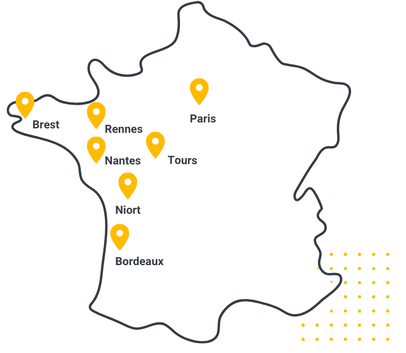 carte de la France avec les implantations de Wekey, Niort, Brest, Paris, Bordeaux, Nantes, Tours, Rennes