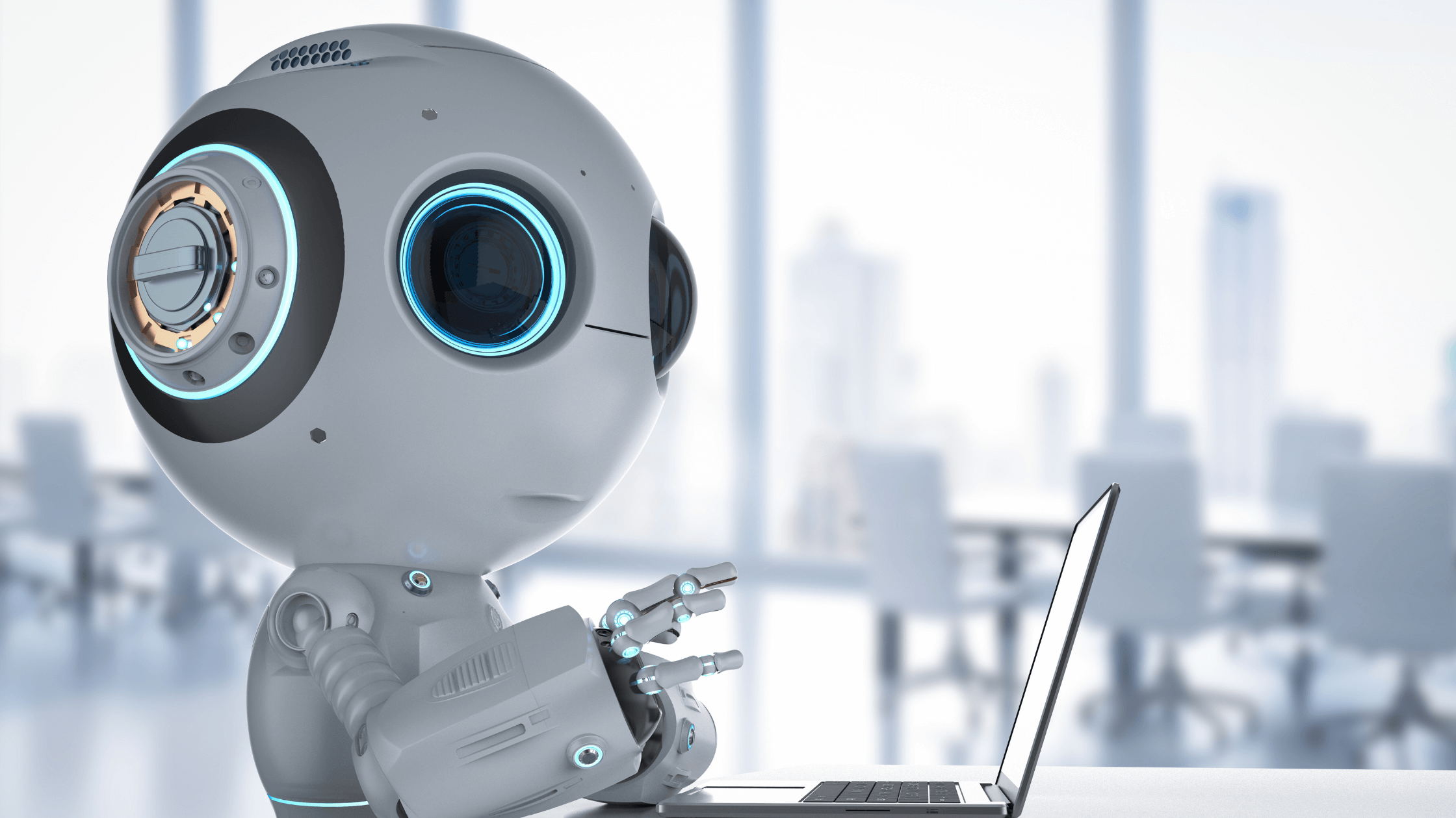 Robot devant un ordinateur portable illustrant l'intelligence artificielle générale